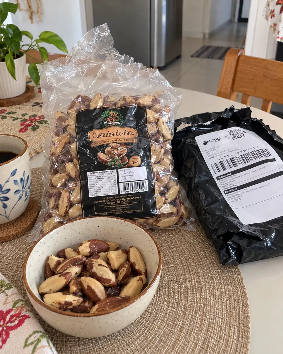Pacote aberto e castanhas numa tigela