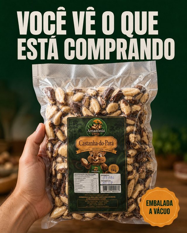 Pacote de castanha-do-Pará 1kg embalado a vácuo, na mão